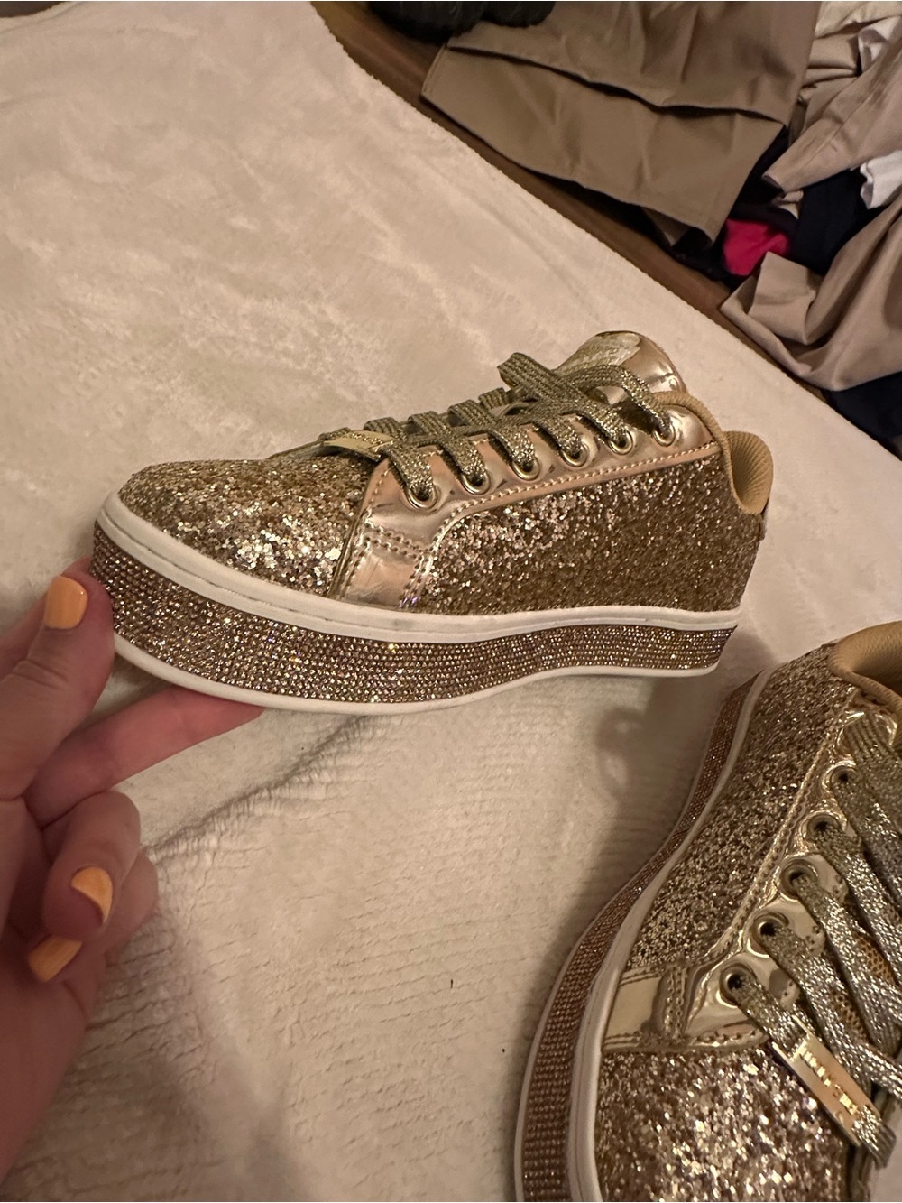 Gold Glitter Platform Sneakers with Rhinestone Midsole NEW never worn